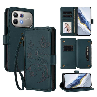 Dark teal leather-style zipper wallet phone case with floral butterfly print and wrist strap