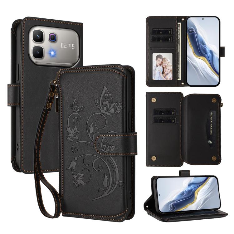 Black leather-style zipper wallet phone case with floral butterfly print and wrist strap