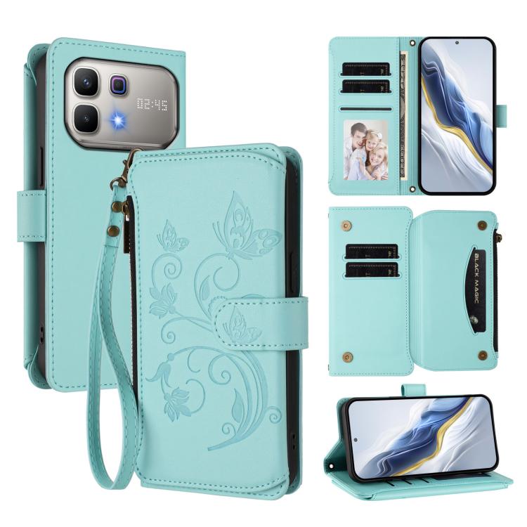 Mint green leather-style zipper wallet phone case with floral butterfly print and wrist strap