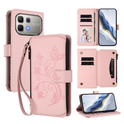 Soft pink leather-style zipper wallet phone case with floral butterfly print and wrist strap