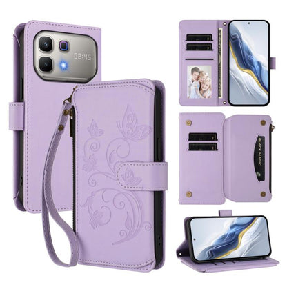 Light purple leather-style zipper wallet phone case with floral butterfly print and wrist strap
