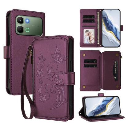 Multi-card zipper wallet leather phone case in dark purple with butterfly-flower emboss and card slots