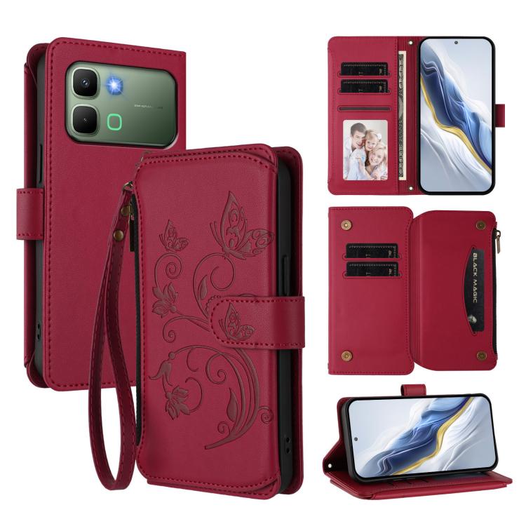 Multi-card zipper wallet leather phone case in wine red with butterfly-flower emboss and wrist strap