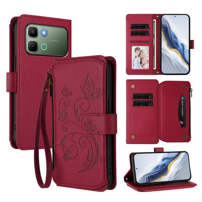 Multi-card zipper wallet leather phone case in wine red with butterfly-flower emboss and wrist strap