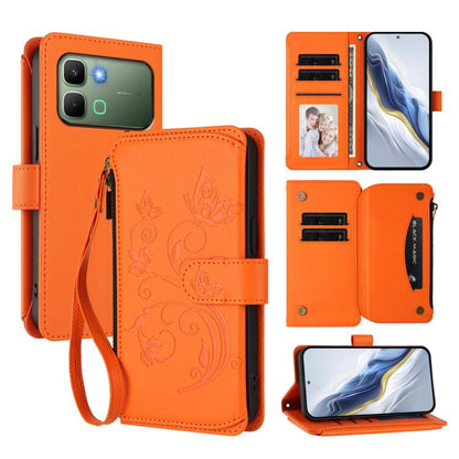 Multi-card zipper wallet leather phone case in orange with butterfly-flower emboss and wrist strap