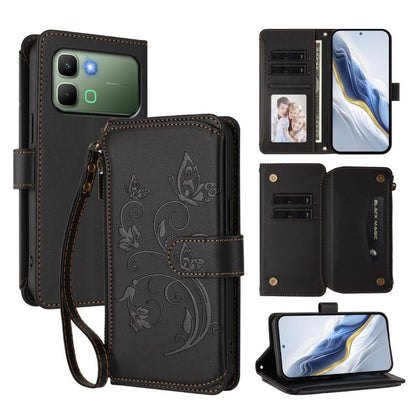 Multi-card zipper wallet leather phone case in black with floral butterfly emboss and card slots
