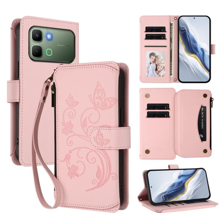 Pink butterfly-pattern multi-card zipper wallet phone case with wrist strap and card slots.