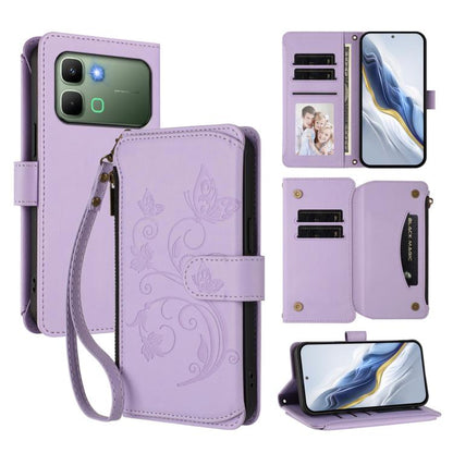 Light purple butterfly-pattern multi-card zipper wallet phone case with wrist strap.