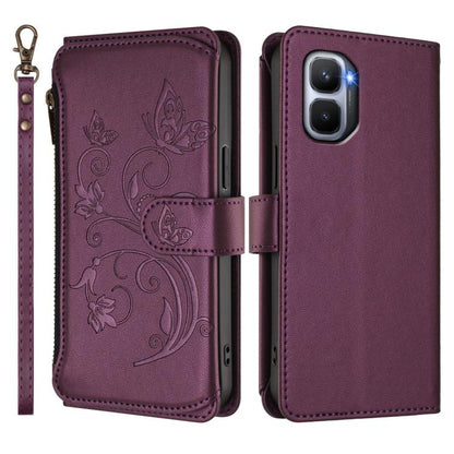Purple leather folio phone wallet case with butterfly floral embossing and strap loop