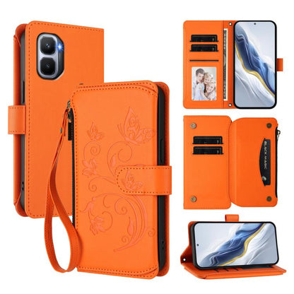 Orange leather wallet zipper phone case with butterfly floral embossing and card slots