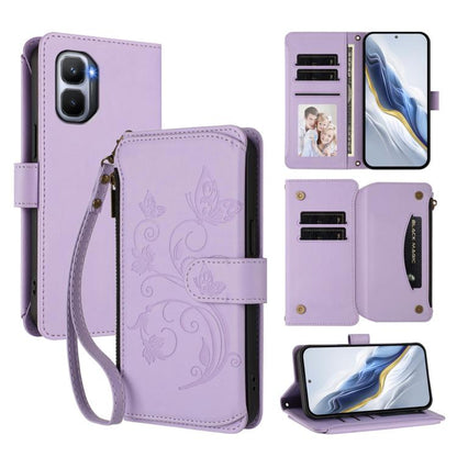 Multi-card zipper wallet leather phone case in light purple with butterfly-flower emboss and wrist strap