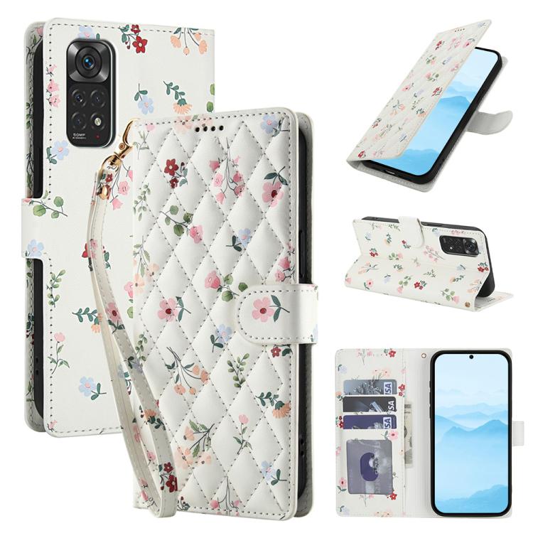 Floral leather phone case with lanyard, quilted white cover and buckle strap