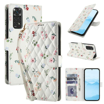 Floral leather phone case with lanyard, quilted white cover and buckle strap