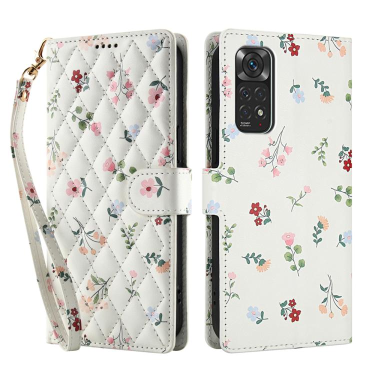 Quilted floral leather wallet phone case with lanyard strap and fold-over cover