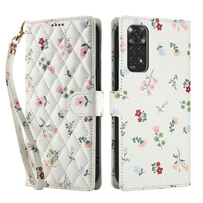 Quilted floral leather wallet phone case with lanyard strap and fold-over cover