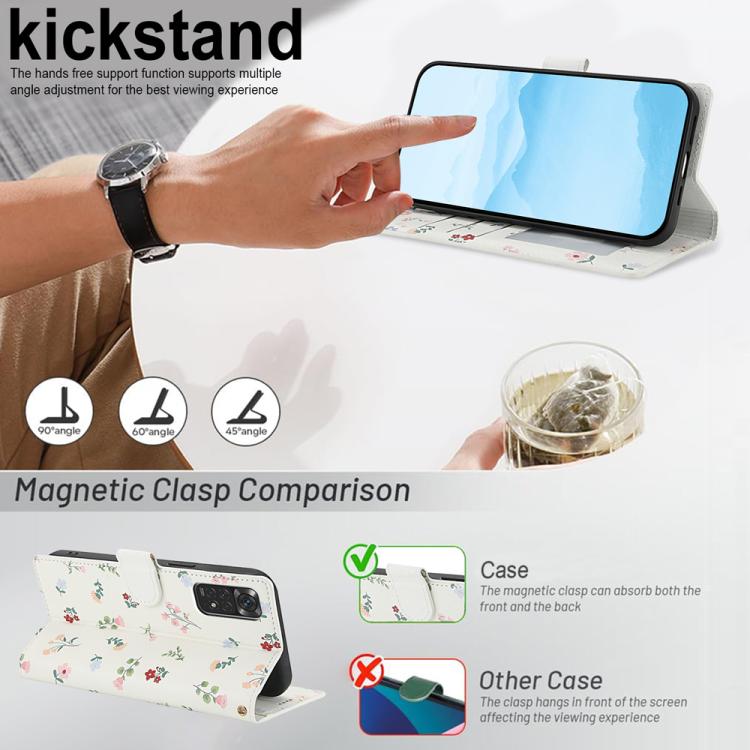 Floral leather phone case with lanyard strap, fold-out kickstand support