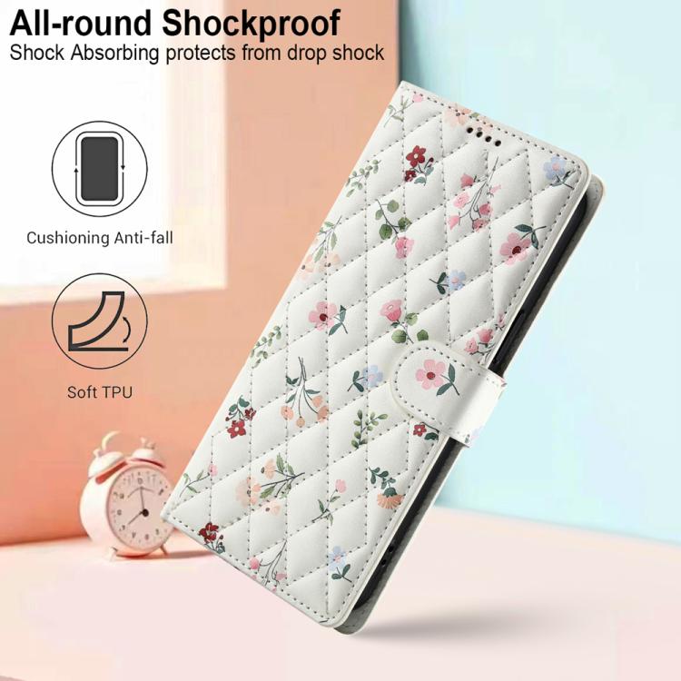 Floral quilted leather phone case with lanyard loop, protective shockproof design