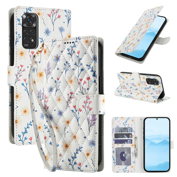 Floral leather phone case with lanyard, blue flower pattern and fold-over wallet