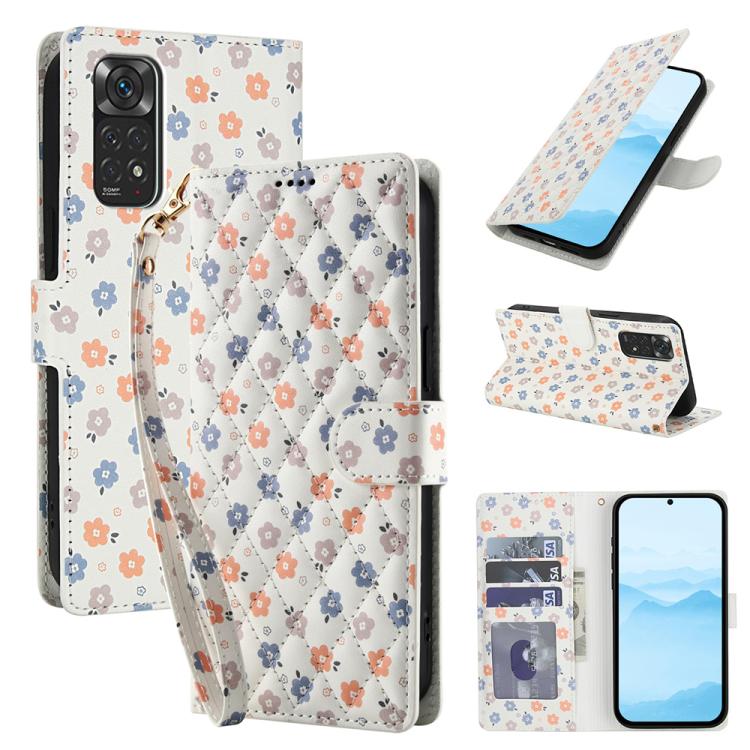 Floral leather wallet phone case with lanyard, mixed flower pattern and card slots