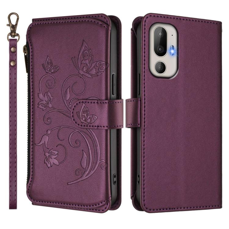 Purple leather wallet phone case, embossed floral butterfly design, side card holder view
