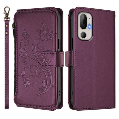 Purple leather wallet phone case, embossed floral butterfly design, side card holder view
