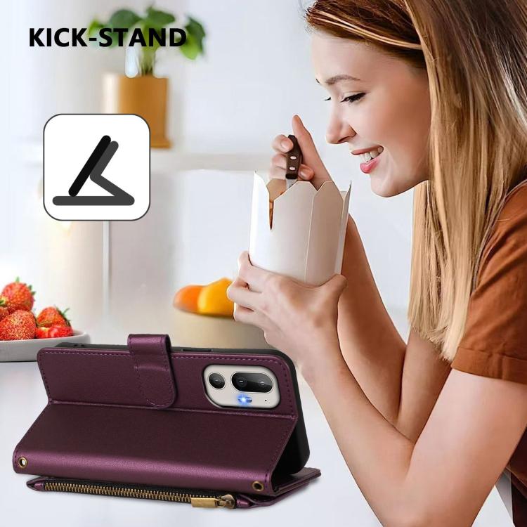 Purple leather wallet phone case with wrist strap and flip kickstand for phone