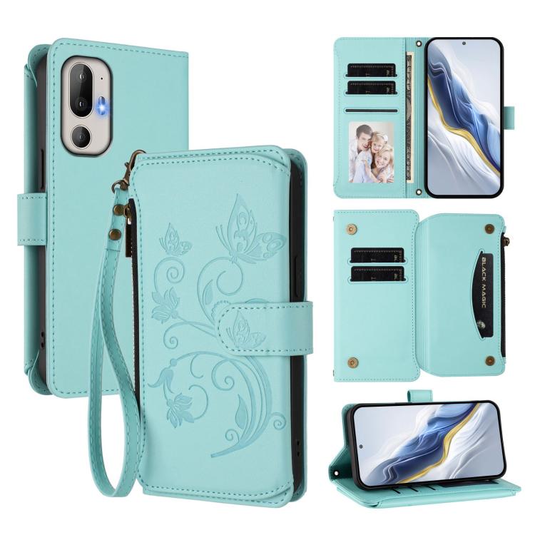 Light mint leather-style zipper wallet phone case with floral butterfly emboss, wrist strap, card slots