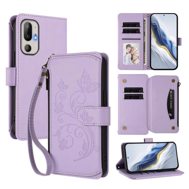 Light purple leather-style zipper wallet phone case with floral butterfly emboss, wrist strap, card slots