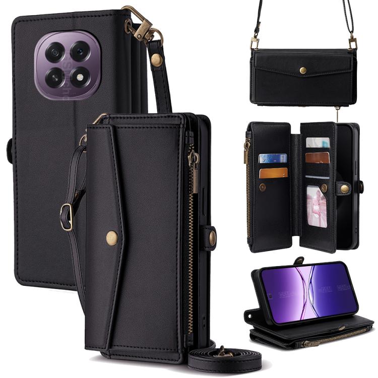 Black leather zipper wallet phone case with lanyard strap and side buckle, card holder pockets.