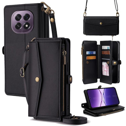 Black leather zipper wallet phone case with lanyard strap and side buckle, card holder pockets.