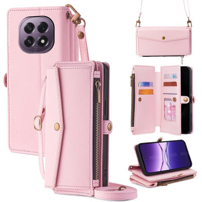 Rose pink leather zipper wallet phone case with lanyard strap and side buckle, card holder pockets.