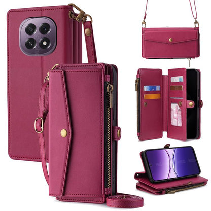 Burgundy leather zipper wallet phone case with lanyard strap and side buckle, card holder pockets.