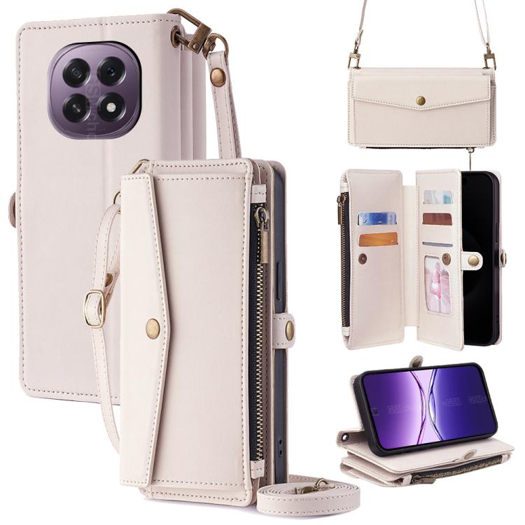 White leather zipper wallet phone case with lanyard strap and side buckle, card holder pockets.