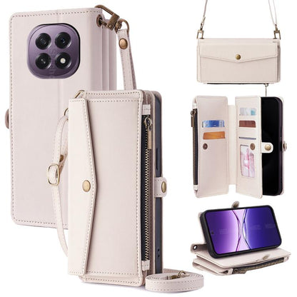 White leather zipper wallet phone case with lanyard strap and side buckle, card holder pockets.