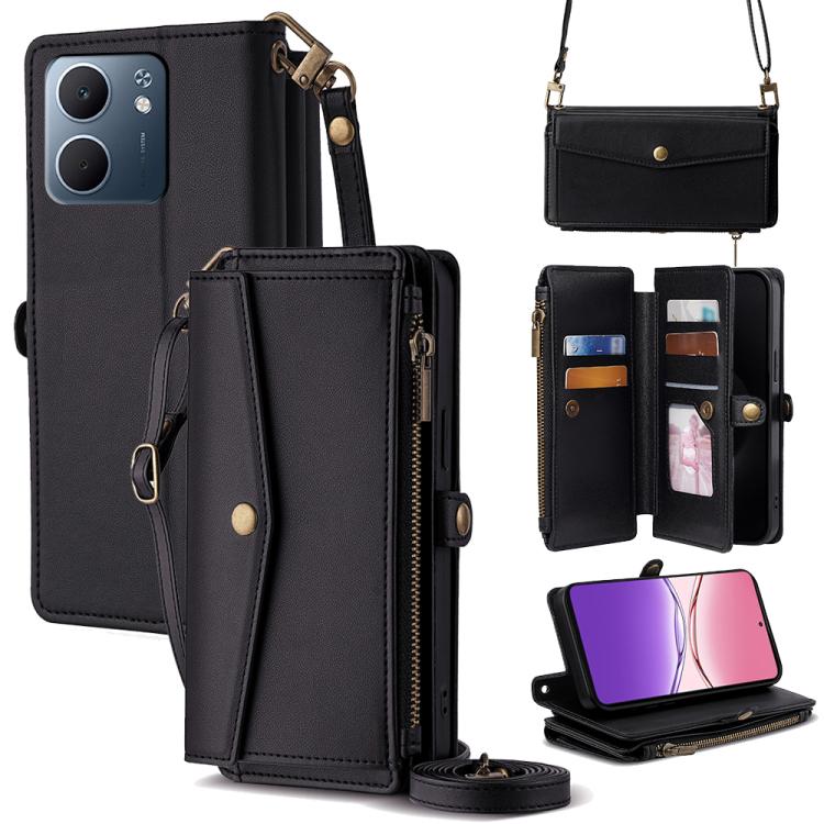Black leather zipper wallet phone case with crossbody strap, card slots and side buckle.