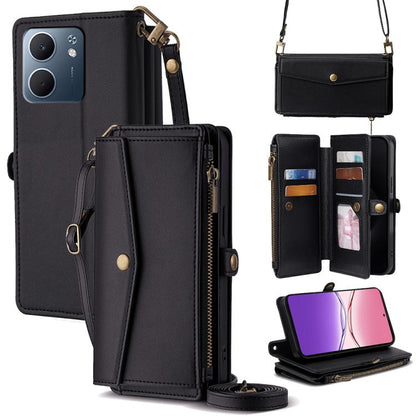 Black leather zipper wallet phone case with crossbody strap, card slots and side buckle.