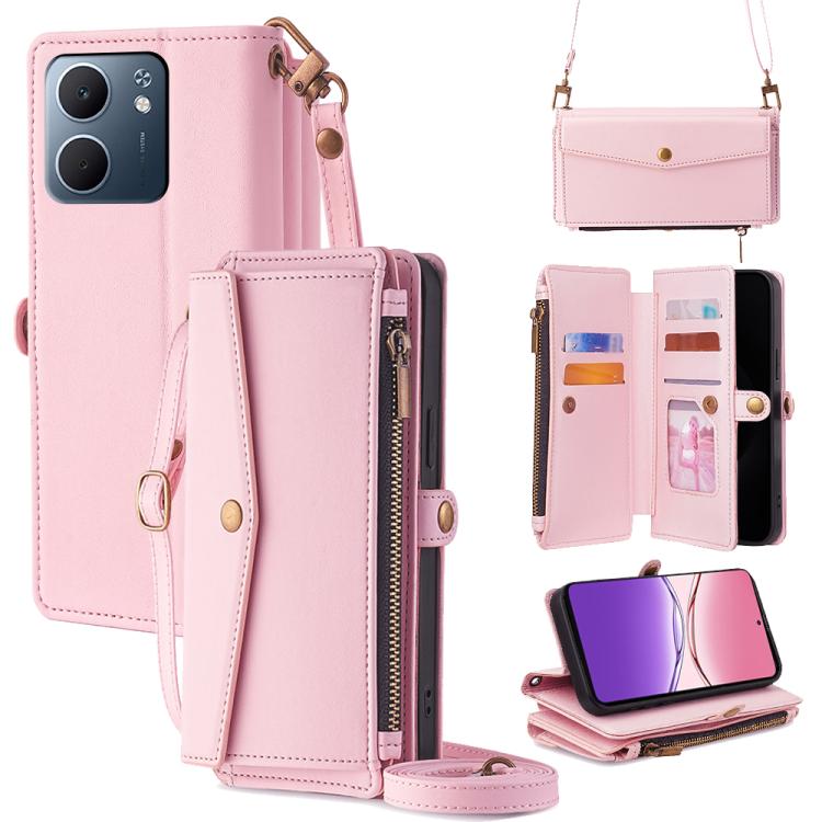 Rose pink leather zipper wallet phone case with crossbody strap, card slots and side buckle.