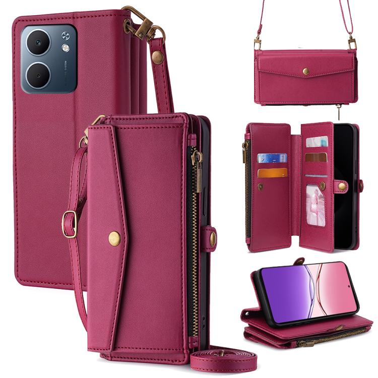 Burgundy leather zipper wallet phone case with crossbody strap, inner card pockets and side buckle.
