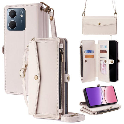 White leather zipper wallet phone case with crossbody strap, card slots and side buckle.
