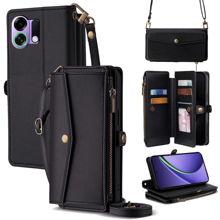 Leather phone wallet case with crossbody lanyard, side zipper, card slots; black.