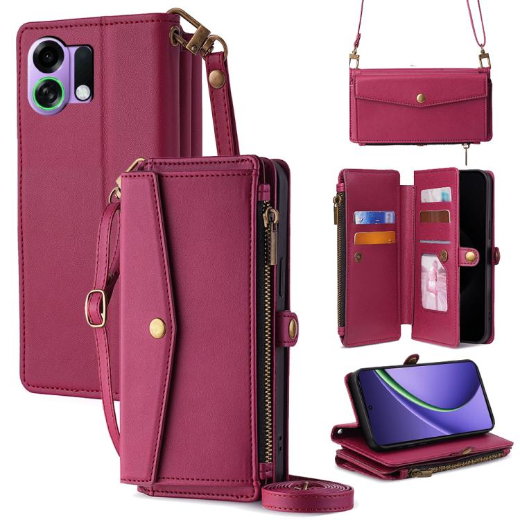 Leather phone wallet case with crossbody lanyard, side zipper, card slots; magenta.