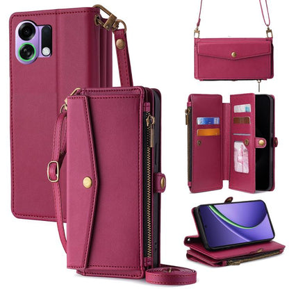 Leather phone wallet case with crossbody lanyard, side zipper, card slots; magenta.