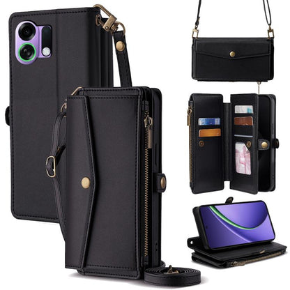 Leather phone wallet case with crossbody lanyard, side zipper, card slots; black.