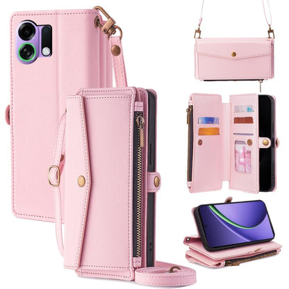 Leather phone wallet case with crossbody lanyard, side zipper, card slots; light pink.