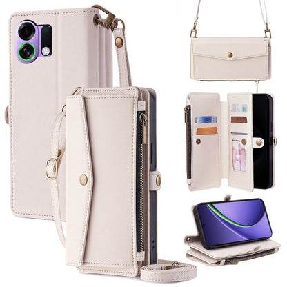 Leather phone wallet case with crossbody lanyard, side zipper, card slots; white.