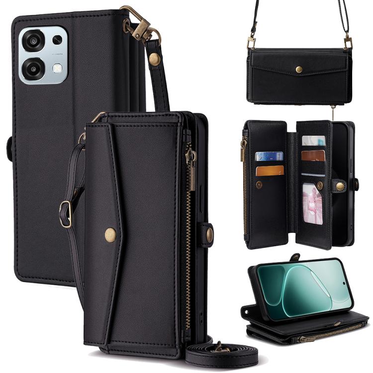Dark leather phone wallet case with zipper, card slots, and crossbody lanyard strap
