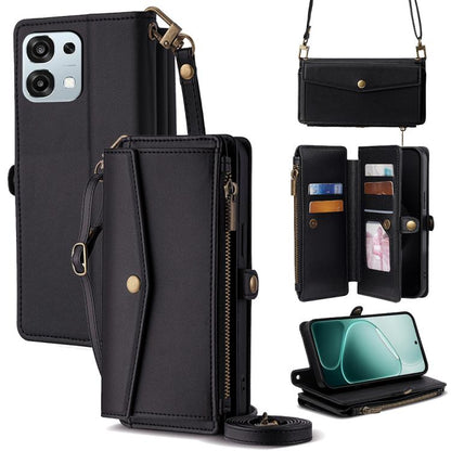 Dark leather phone wallet case with zipper, card slots, and crossbody lanyard strap