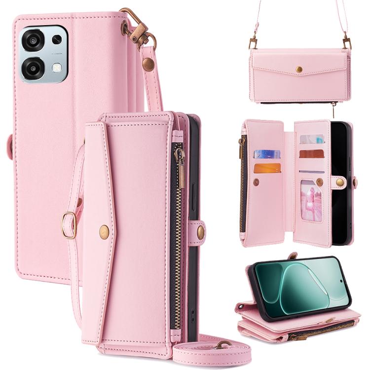 Light pink leather phone wallet case with zipper, card slots, and crossbody lanyard strap