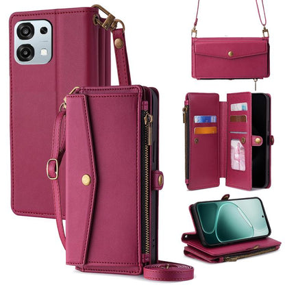Magenta leather phone wallet case with zipper, card slots, and crossbody lanyard strap