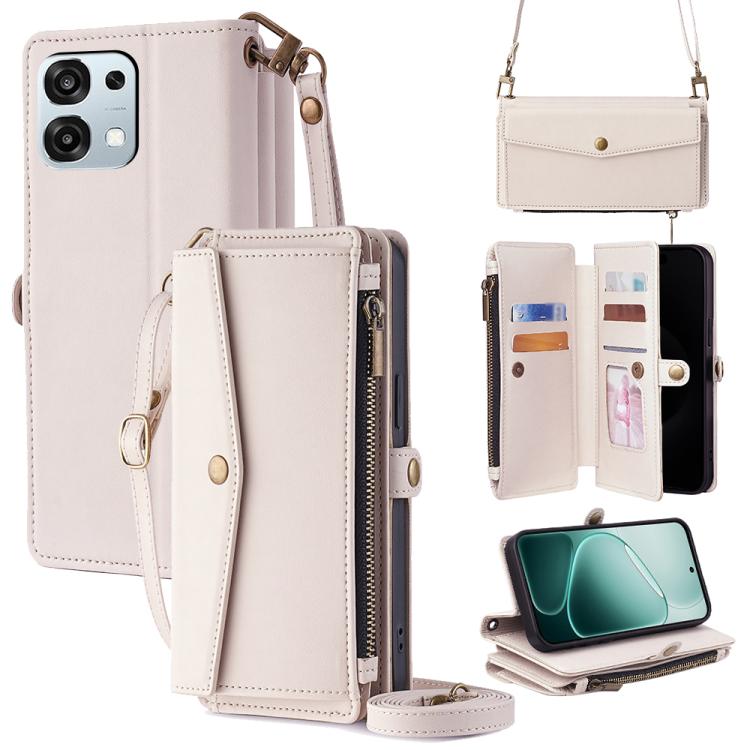 Ivory leather phone wallet case with zipper, card slots, and crossbody lanyard strap